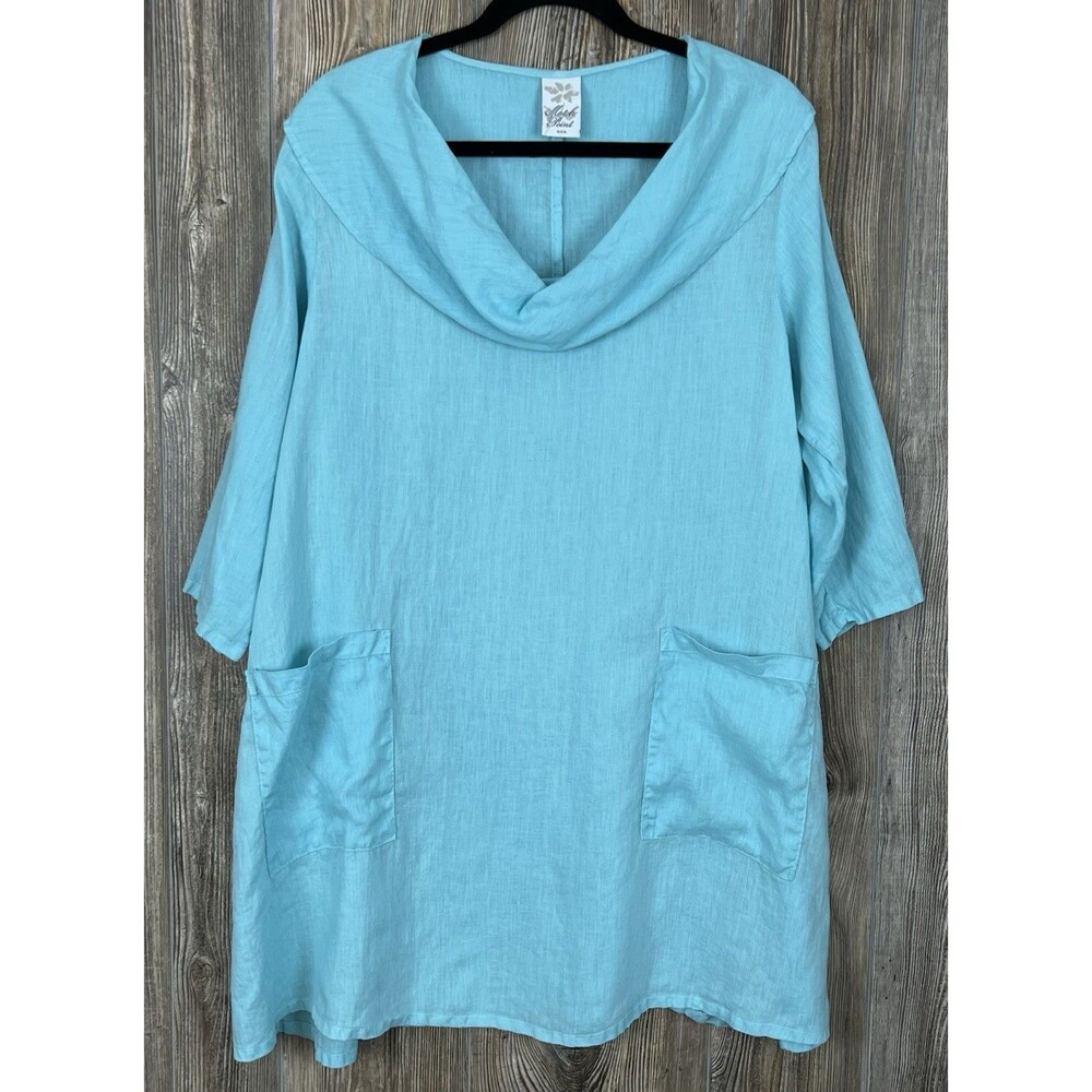 Match Point Tunic Dress MED Blue LINEN Cowl Neck Lagenlook Pocket Nautical Beach